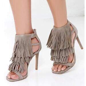 Forever 21 Taupe Suede Fringe Tiered Tassel Heels Size 7.5 Stiletto
